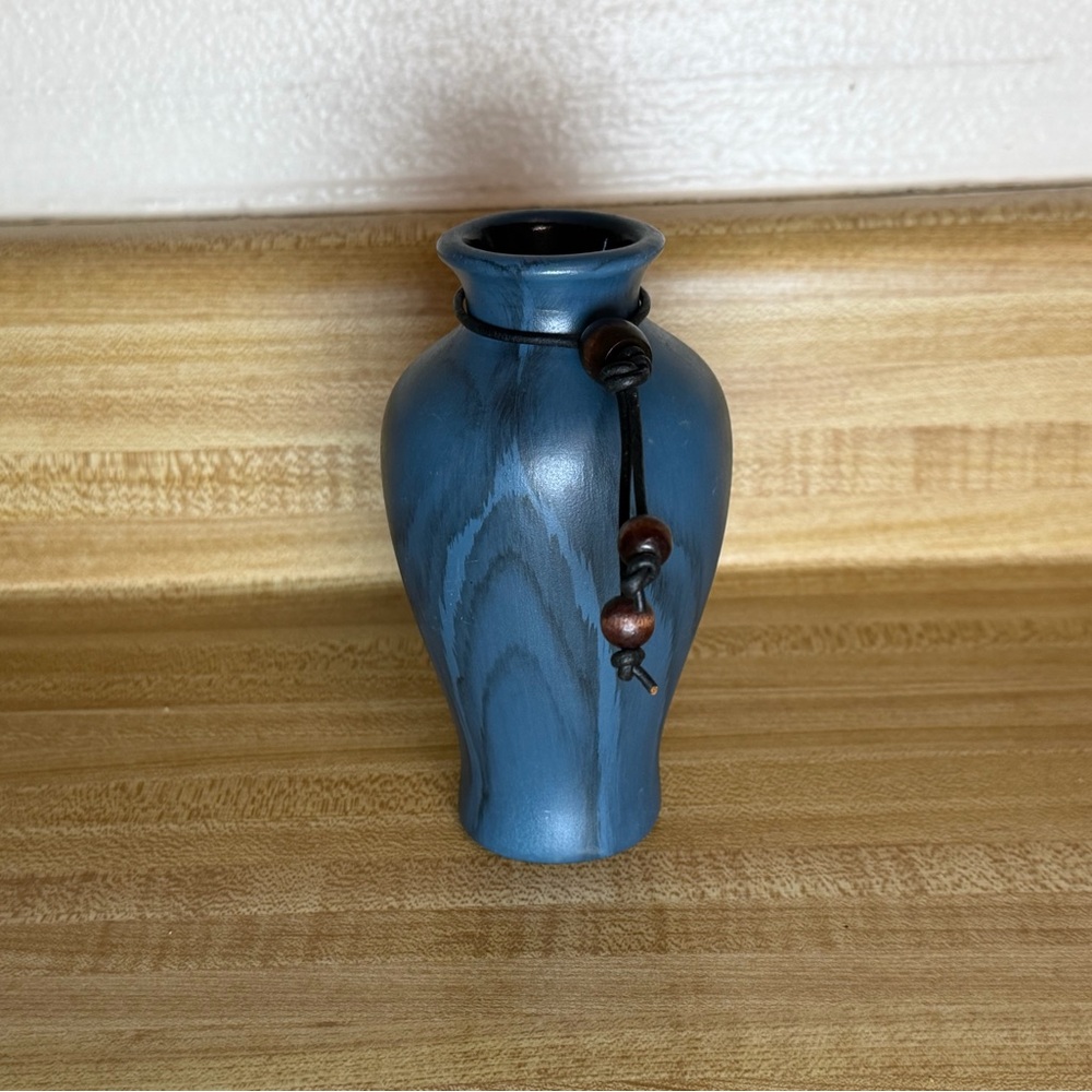 Small bud vase Elegant Blue Vase with Wooden Accents